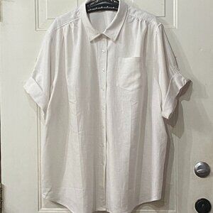 NEW Woman Within Sz 22/24 2X White Blouse Shirt Linen/Rayon Roll Up 3/4 Sleeve